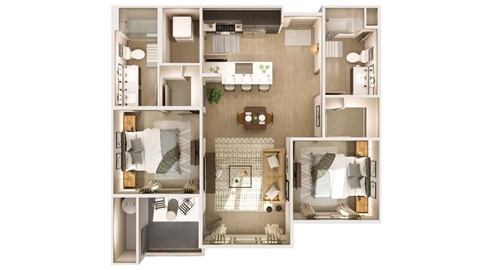 a 3D floor plan with a two bedroom apartment and a living room at Cuvee, Glendale, AZ